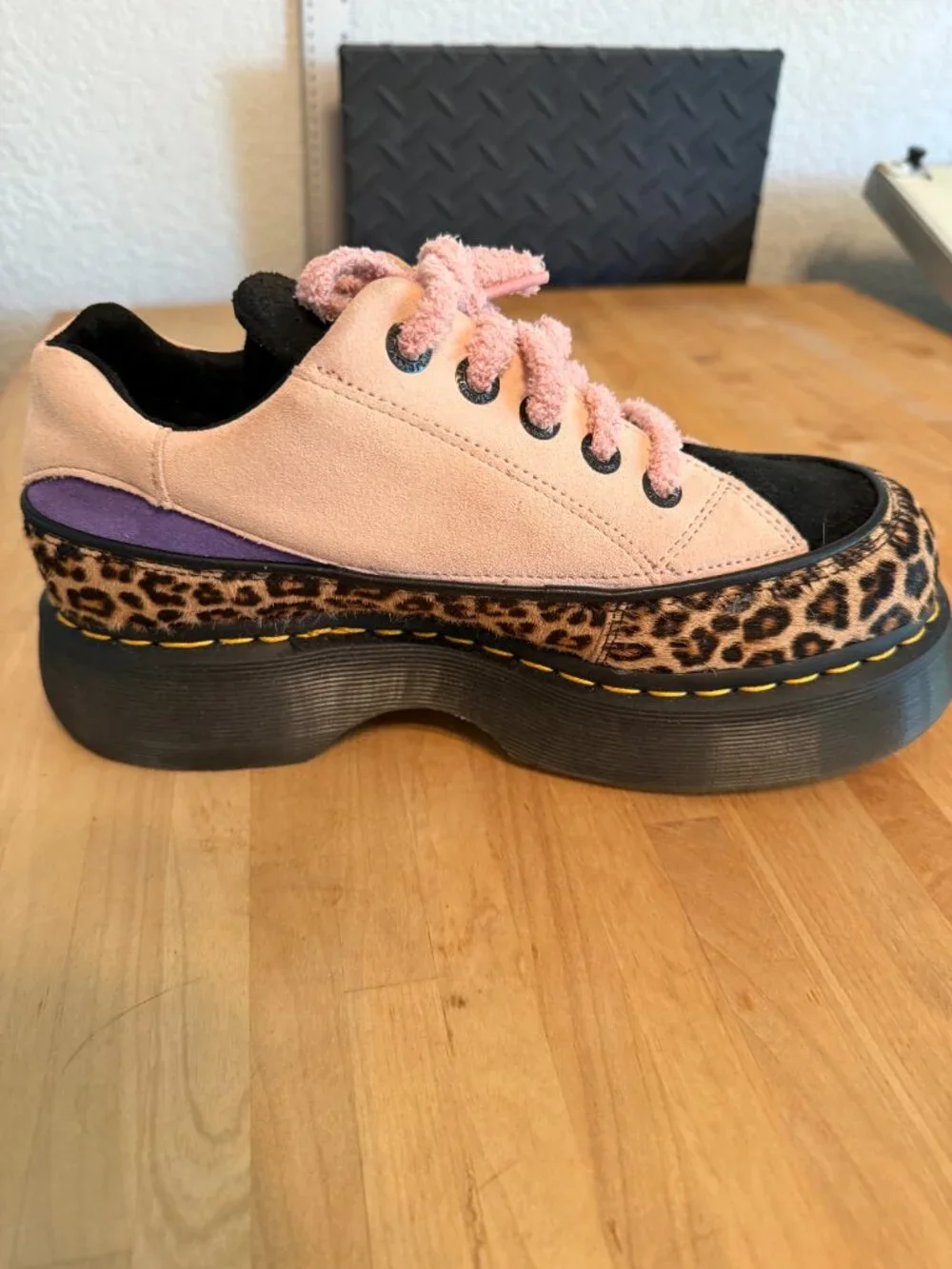 Dr. Marten s Buzz 5-Eye Pink Suede and Leopard Hair Platform Shoe - RARE